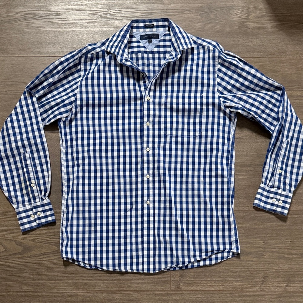 Tommy Hilfiger Men's Checkered Button Down Shirt Dress Shirt Long Sleeve Blue